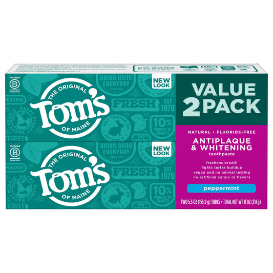 Classic Tom's Antiplaque & Whitening Fluoride-Free Peppermint Toothpaste, 5.5oz, 2 Pack