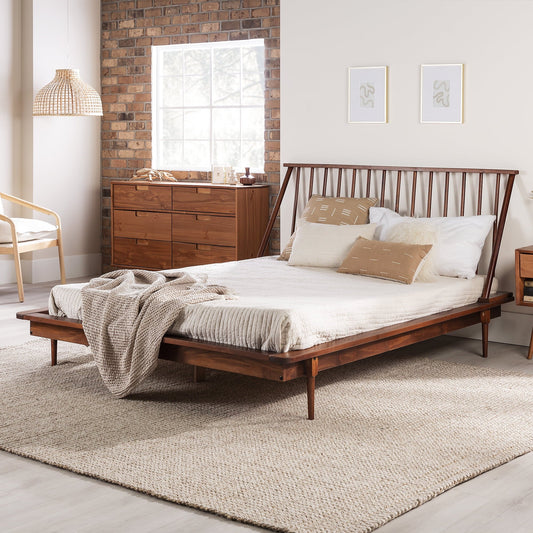 Versatile Walker Edison Modern Boho Queen Size Solid Wood Platform Bed, Walnut