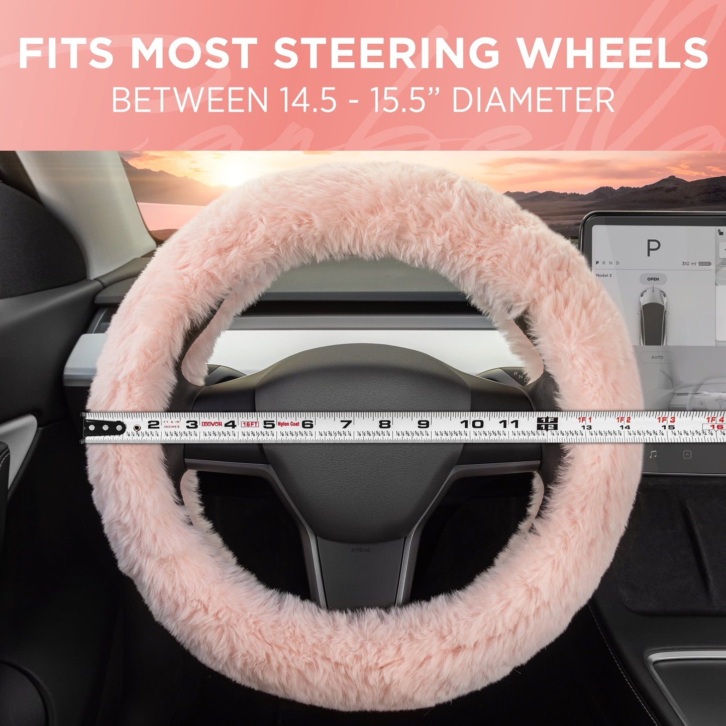 Classic Carbella Soft Pink Faux Fur Steering Wheel Cover for Women, Standard 15 Inch Size Fits Cars Trucks SUV