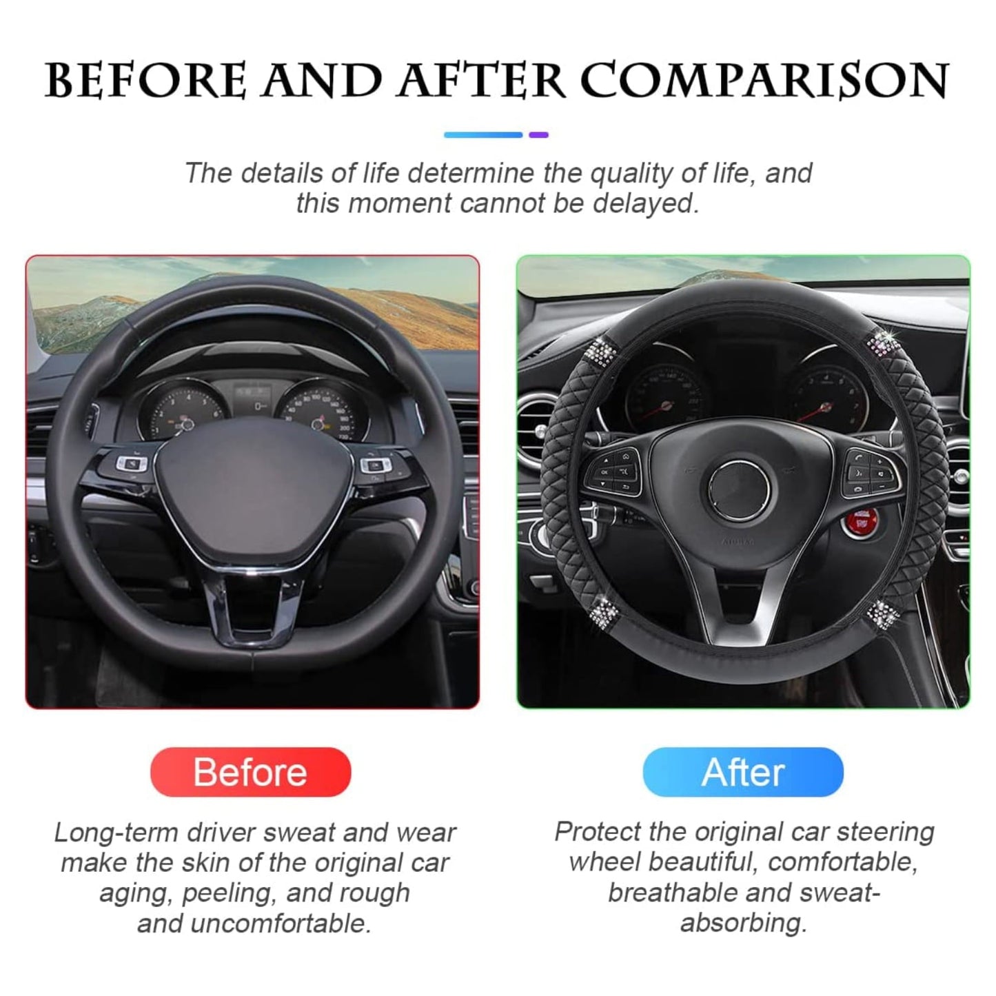 Versatile Steering Wheel Cover, Universal Bling  15 Inch Car Accessory with Rhinestones for Women, Anti-Slip Soft Leather Black Protector for Sedans, SUVs, Vans, Trucks