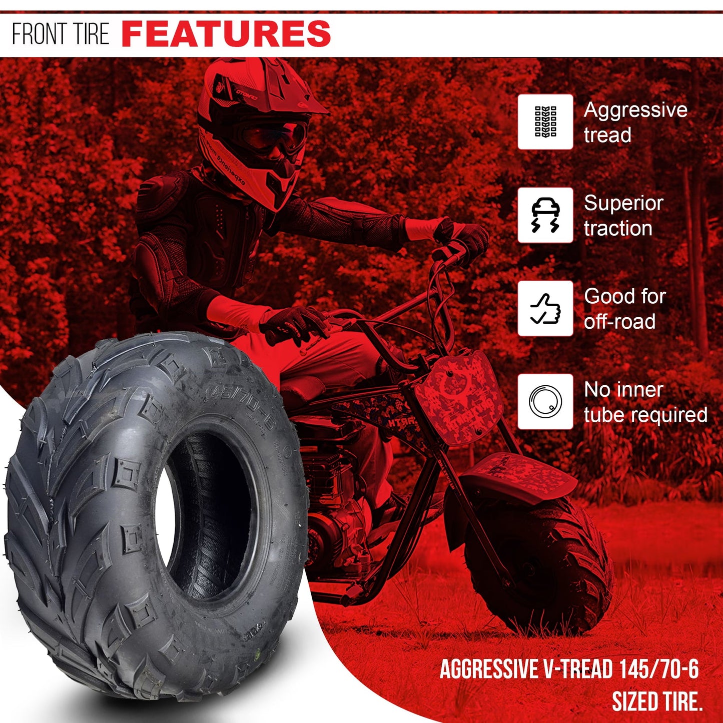 Classic AlveyTech 145/70-6 V-Tread Tire for the Monster Moto/Mega Moto Classic 80cc Mini Bike, All Terrain