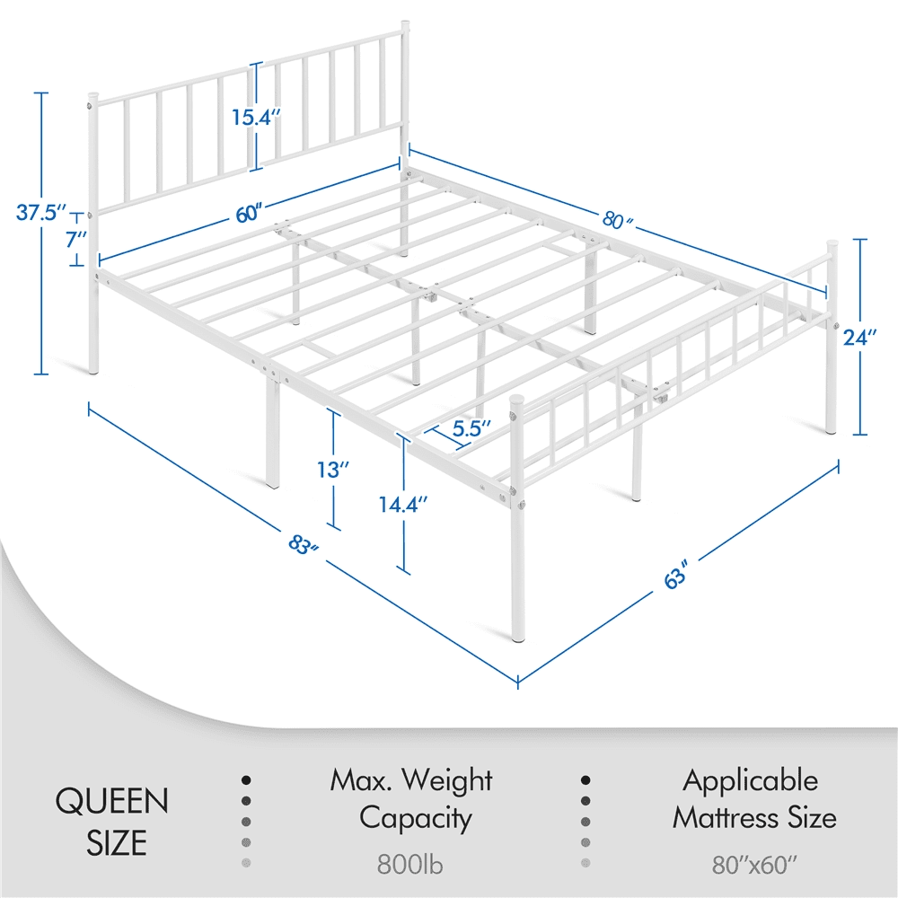 Classic Easyfashion Justin Metal Platform Bed with Spindle Headboard and Footboard, Queen Size, White