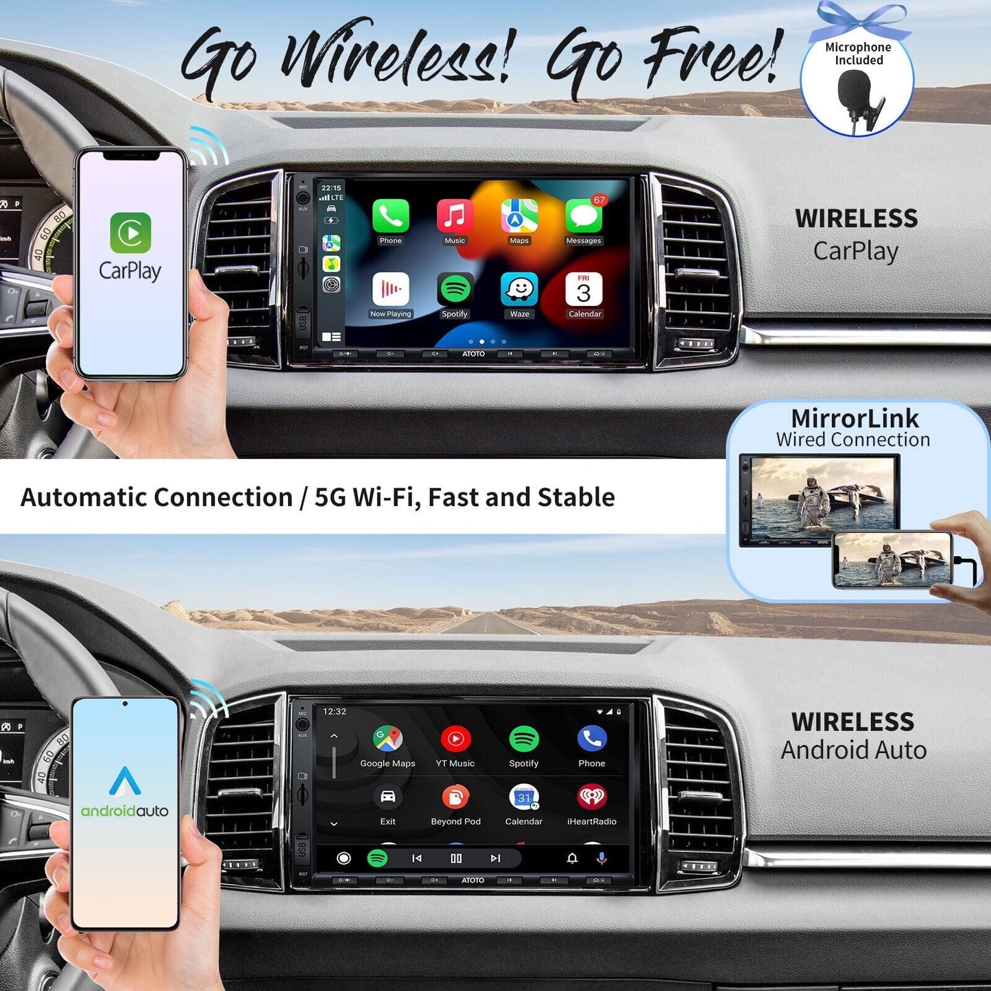 Classic ATOTO F7XE 7inch QLED Double Din Car Stereo with Bluetooth,Wireless Carplay&Android Auto Car Radio with SiriusXM,Quick Charge