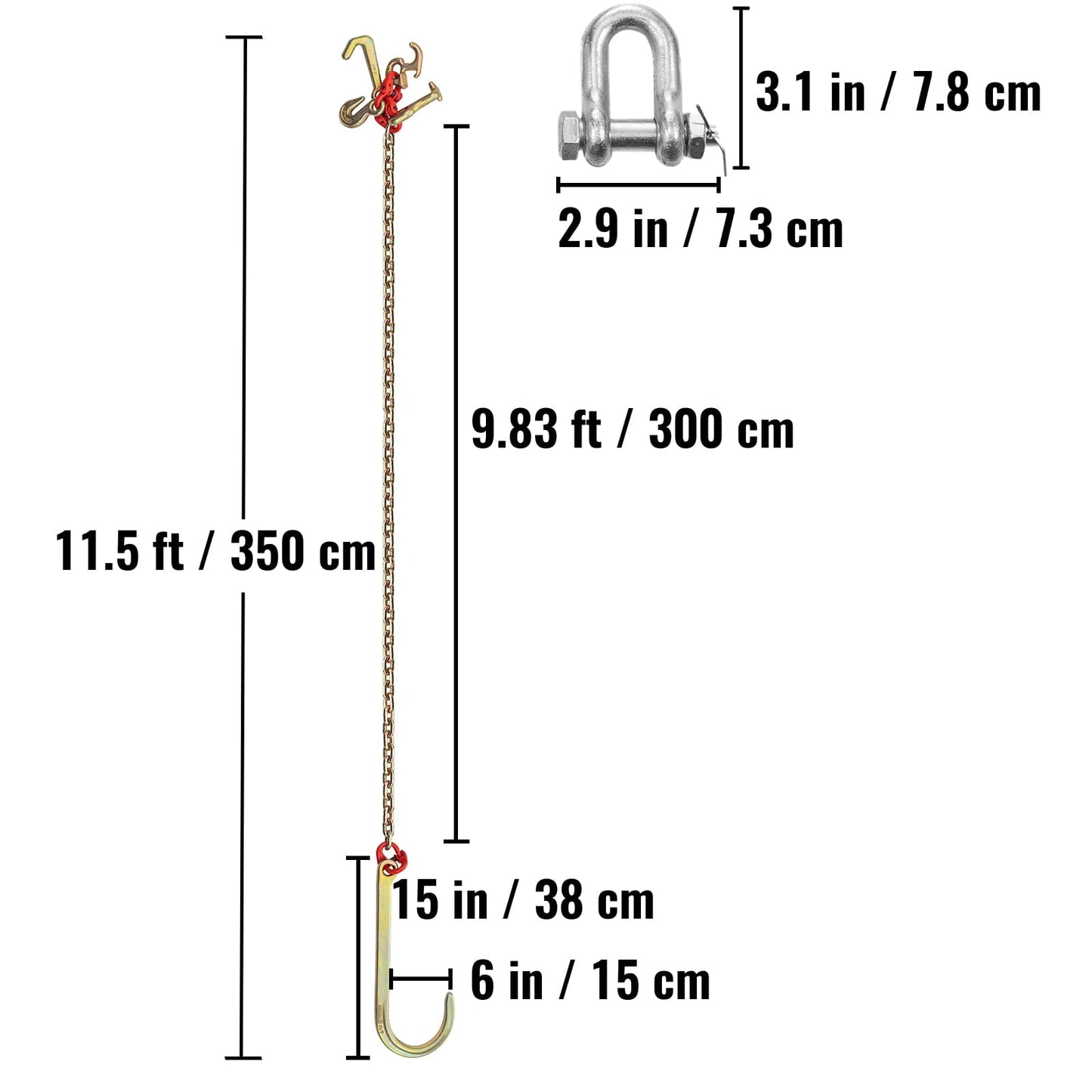 Classic BENTISM 5/16"x10' Long Shank J Hook Tow Chain w/ 15" Large J Hooks & RTJ Hooks X2