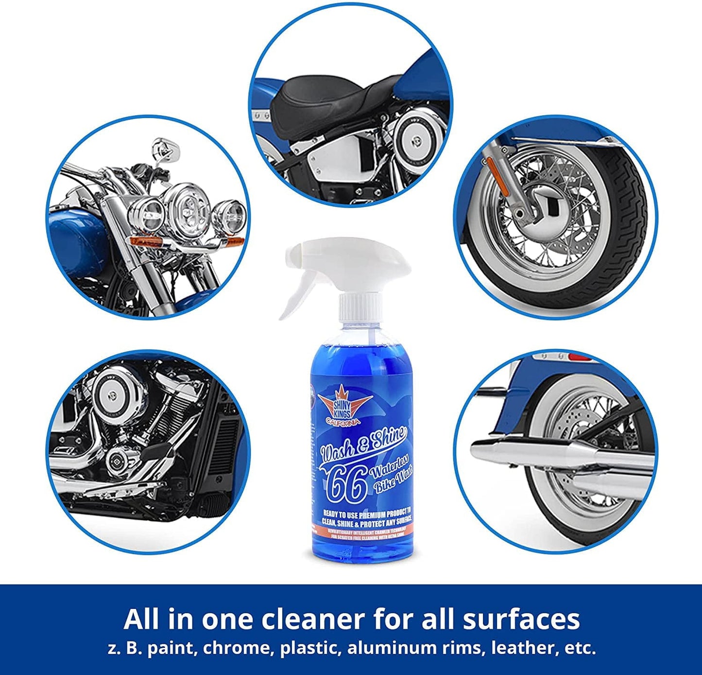 Classic Shinykings Wash&Shine 66 WATERLESS Motorcycle cleaner as Cleaning Kit 16.9 fl.oz with Premium cleaning cloth