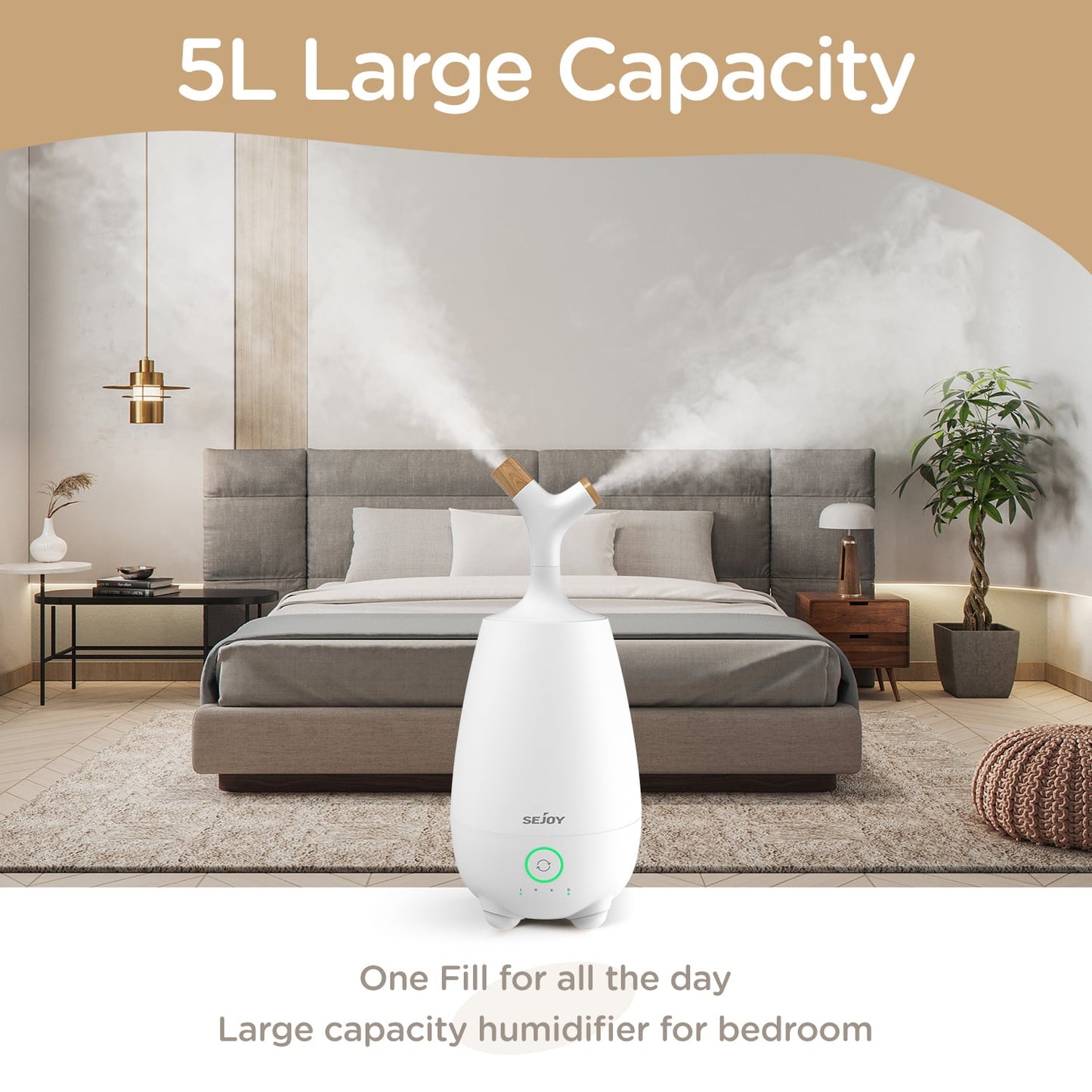 Versatile Sejoy Ultrasonic Humidifier for Home, Baby, 5L Large Capacity, Cool Mist, Remote Control, Auto Shut-off, White