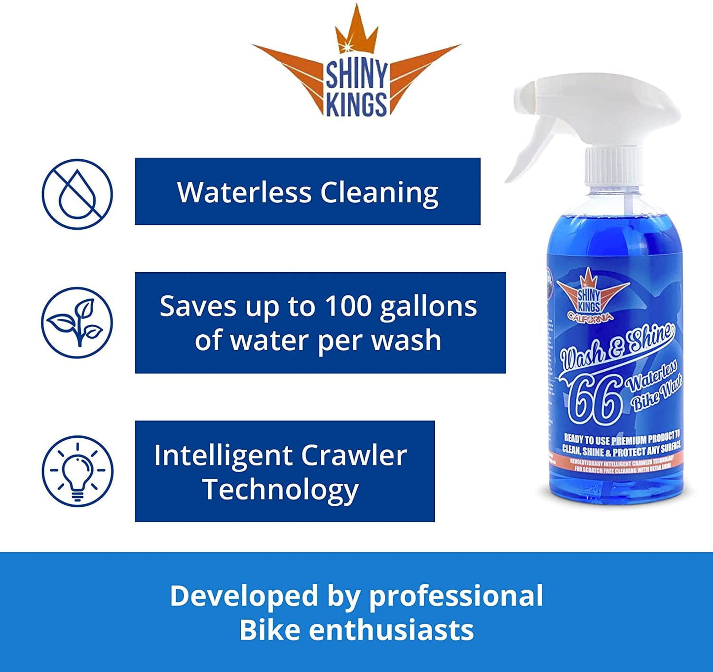 Classic Shinykings Wash&Shine 66 WATERLESS Motorcycle cleaner as Cleaning Kit 16.9 fl.oz with Premium cleaning cloth