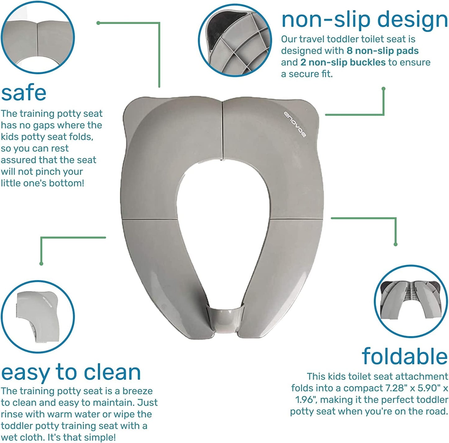 Classic Enovoe Foldable Toddler Potty Seat - Portable Travel Potty Training Toilet Seat for Boys and Girls - Comfortable Non-Slip Attachment in Grey - Ideal Toddler Toilet Seat for Travel