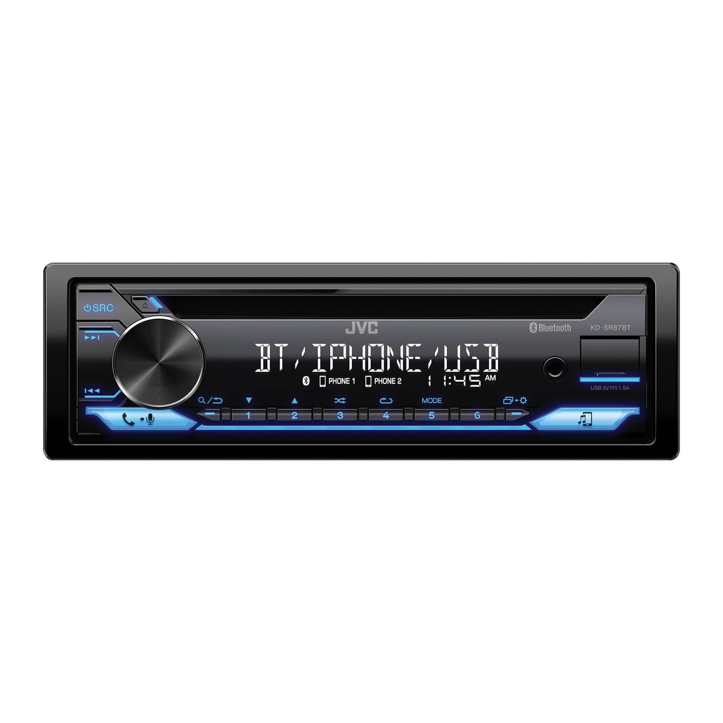 Versatile JVC KD-SR87BT Single DIN Car Stereo CD Player, with High Power Amplifier, AM/FM Radio, Bluetooth Audio, USB, MP3, Removable Faceplate