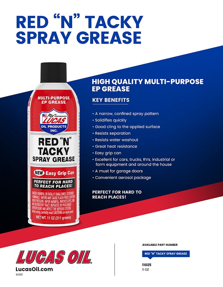 Versatile Lucas Red N Tacky Spray Grease 11 ounce easy grip can