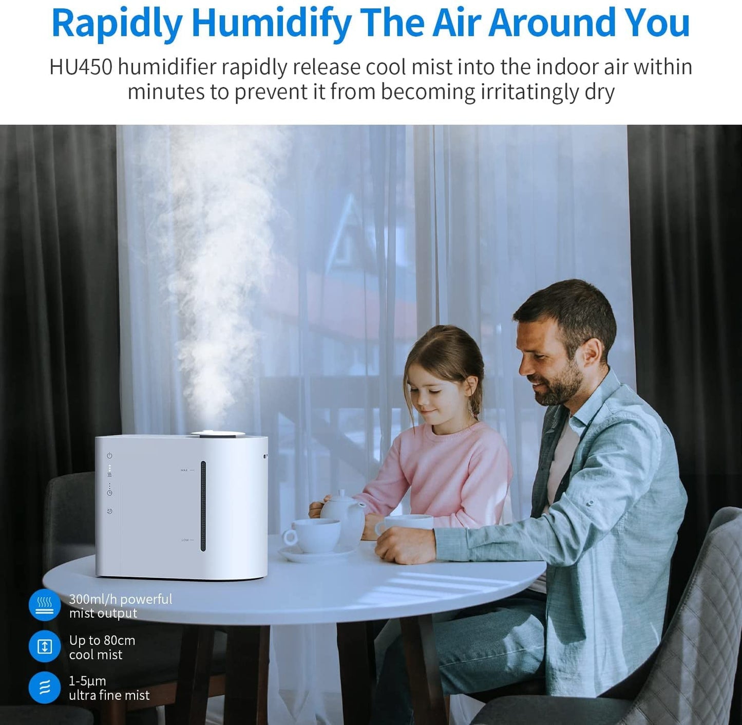 Classic AIRROBO HU450 Ultrasonic Cool Mist Humidifier, 4.3L Top Fill Air Humidifier with 484 Sqft Room Coverage, 360Â° Nozzles, Waterless Auto Shut-off, White