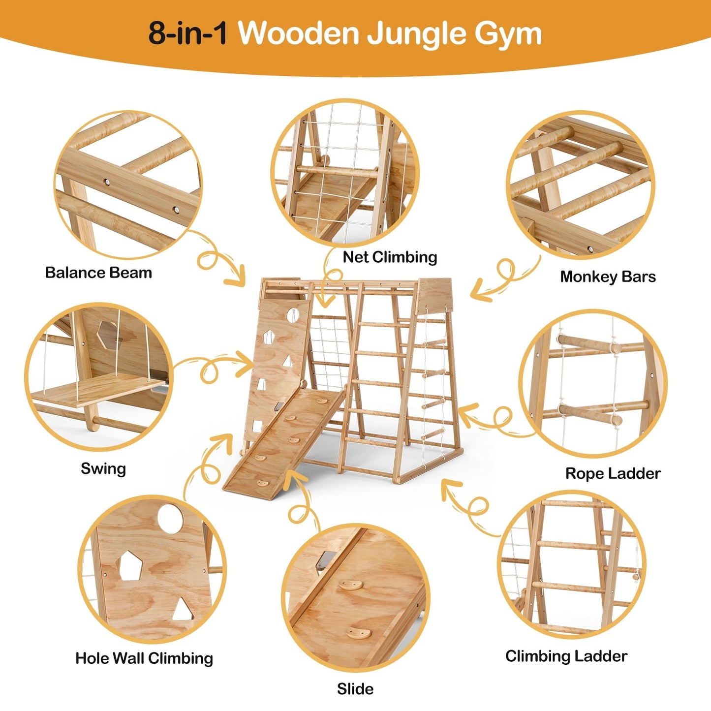 Versatile GIKPAL 8-in-1  Wooden Indoor Kids Playground Jungle Gym with Slide, Toddlers Wooden Climber with Slide Playset, Wooden Rock Climbing Wall with Rope Wall Climb, Monkey Bars, and Swing for Kids