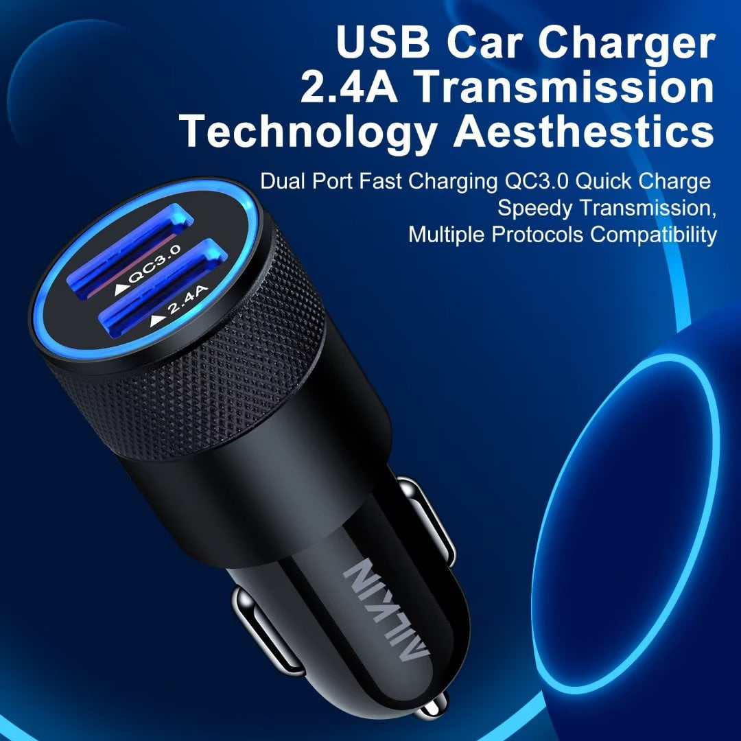 Versatile iPhone Car Charger,AILKIN USB Car Charger,Dual USB Lightning Car Charger Adapter Car Socket Cigarette Lighter QC3.0/2.4A iPhone Car Charger with 2PCS Lightning Cable 6ftï¼Black)