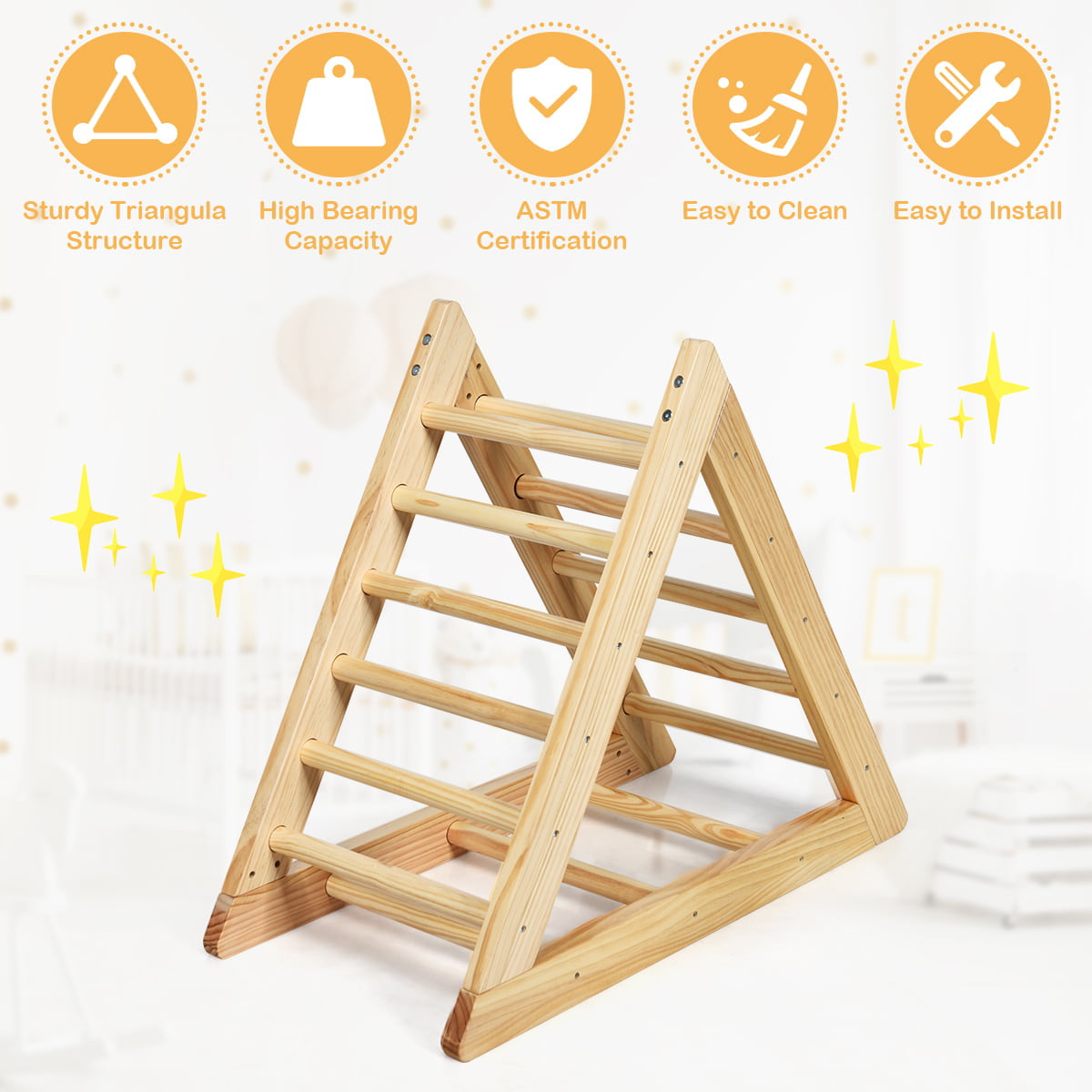 Versatile Costway Wooden Climbing Pikler Triangle with Climbing Ladder For Toddler Step Training, Natural