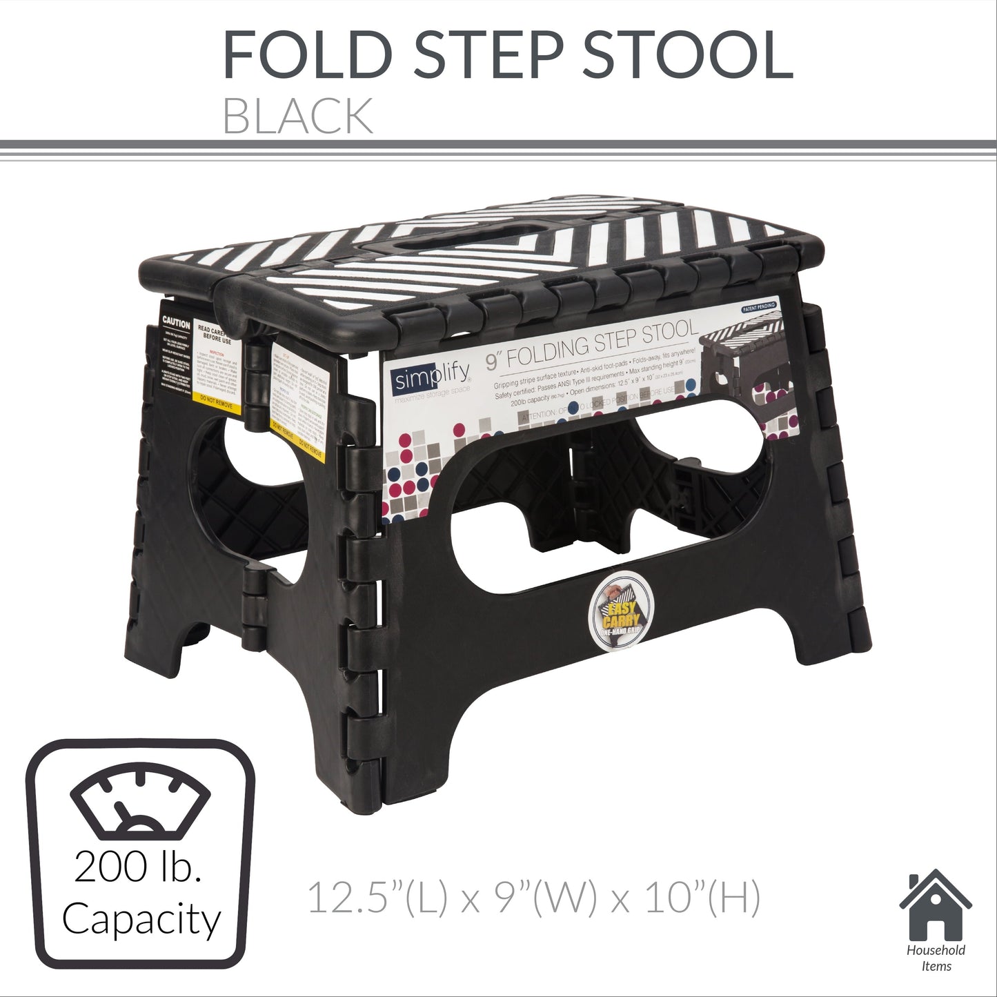 Classic Simplify Plastic 9" Stripe Top 1 Step Folding Step Stool, Black