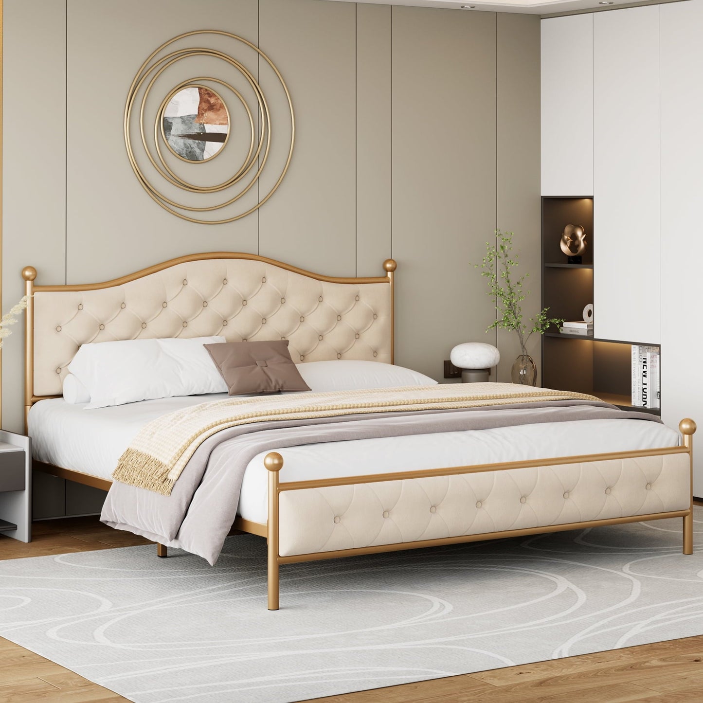 Versatile Homfa King Size Bed Frame, Metal Tubular Platform Bed with Button Tufted Upholstered Headboard, No Box Spring Needed, Beige