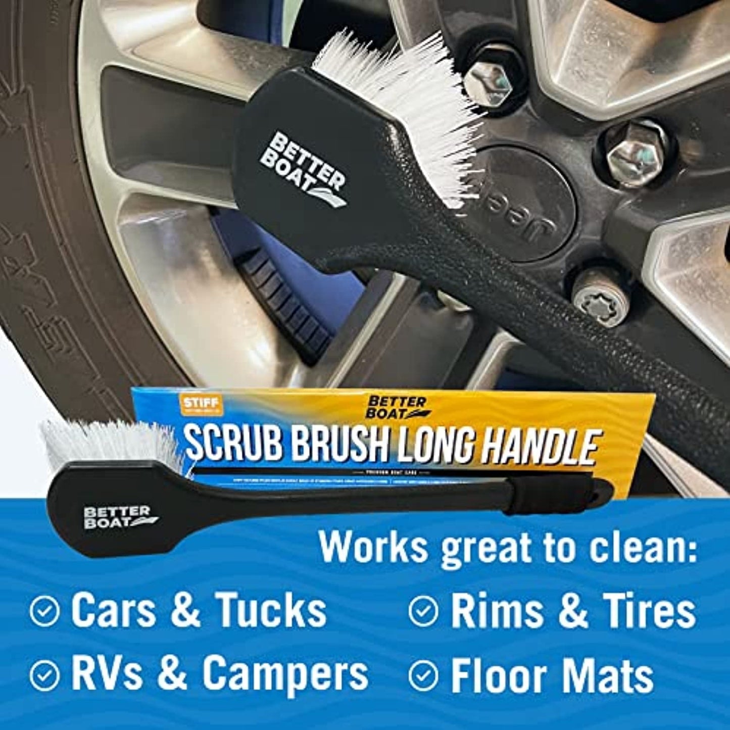 Classic Stiff Hand Scrub Brush Tire Brush Heavy Duty Outdoor Boat Scrub Brush Handled Wheel and Tire Cleaning Brush Carpet Brush Scrubber All Purpose Cleaning (Long Handle)