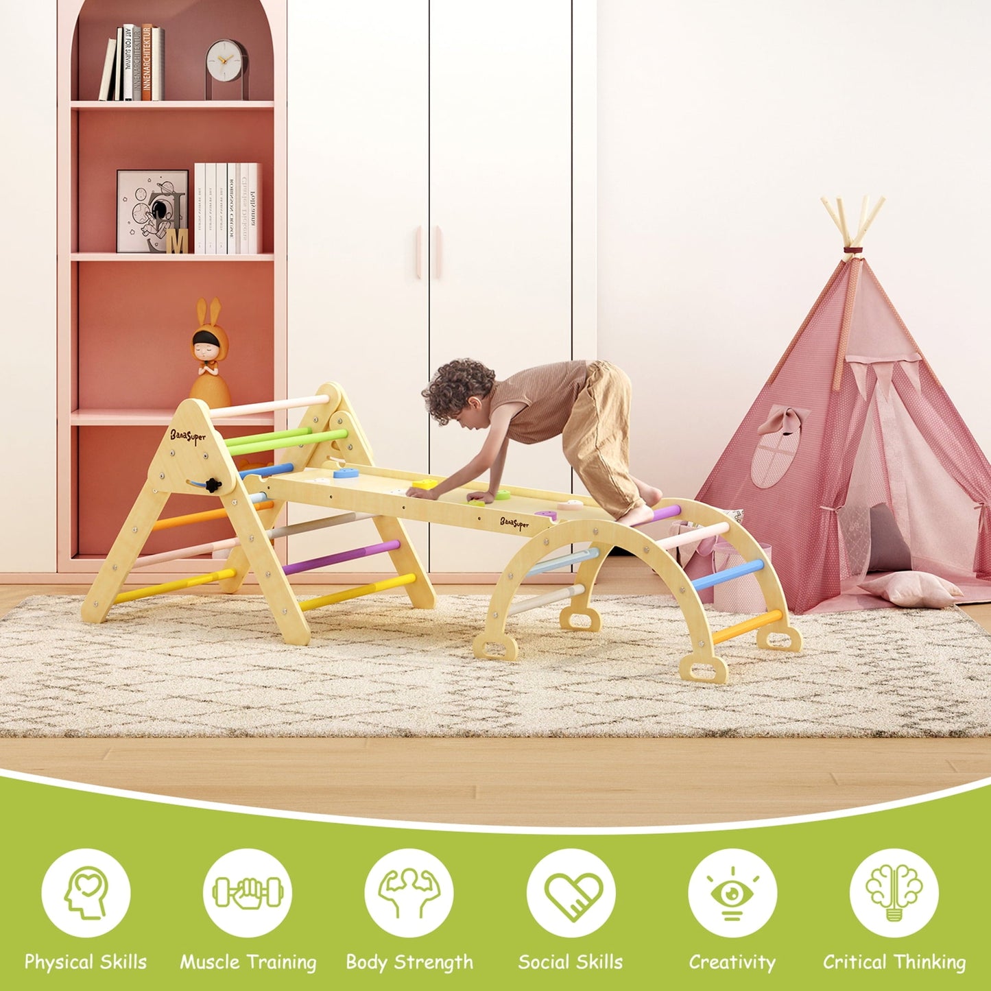 Classic BanaSuper Colorful 3 in 1 Climbing Triangle Ladder with Ramp & Arch Foldable Wooden Triangle Climber Set Montessori Climbing Toys for Kids Ourdoor Indoor Playground Play Gym