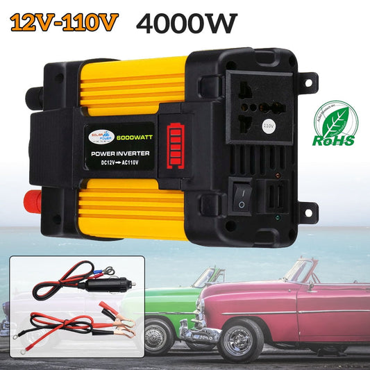 Versatile Inverter, DFITO 4000W Peak Car Power Inverter Dc 12V to 110V Ac Converter, with 1 Ac Outlet and 2 USB Car Charger, Camera/ Laptop Car Accessories, for Camping/ Road Trips/ Outdoor Work