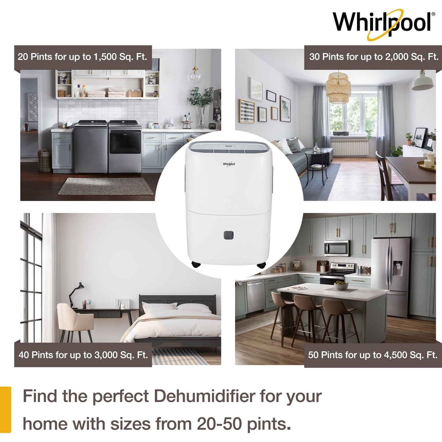 Versatile Whirlpool 20 Pt. 1,500 Sq. ft. Dehumidifier in White - Automatic Shut-off, Bucket Full Indicator