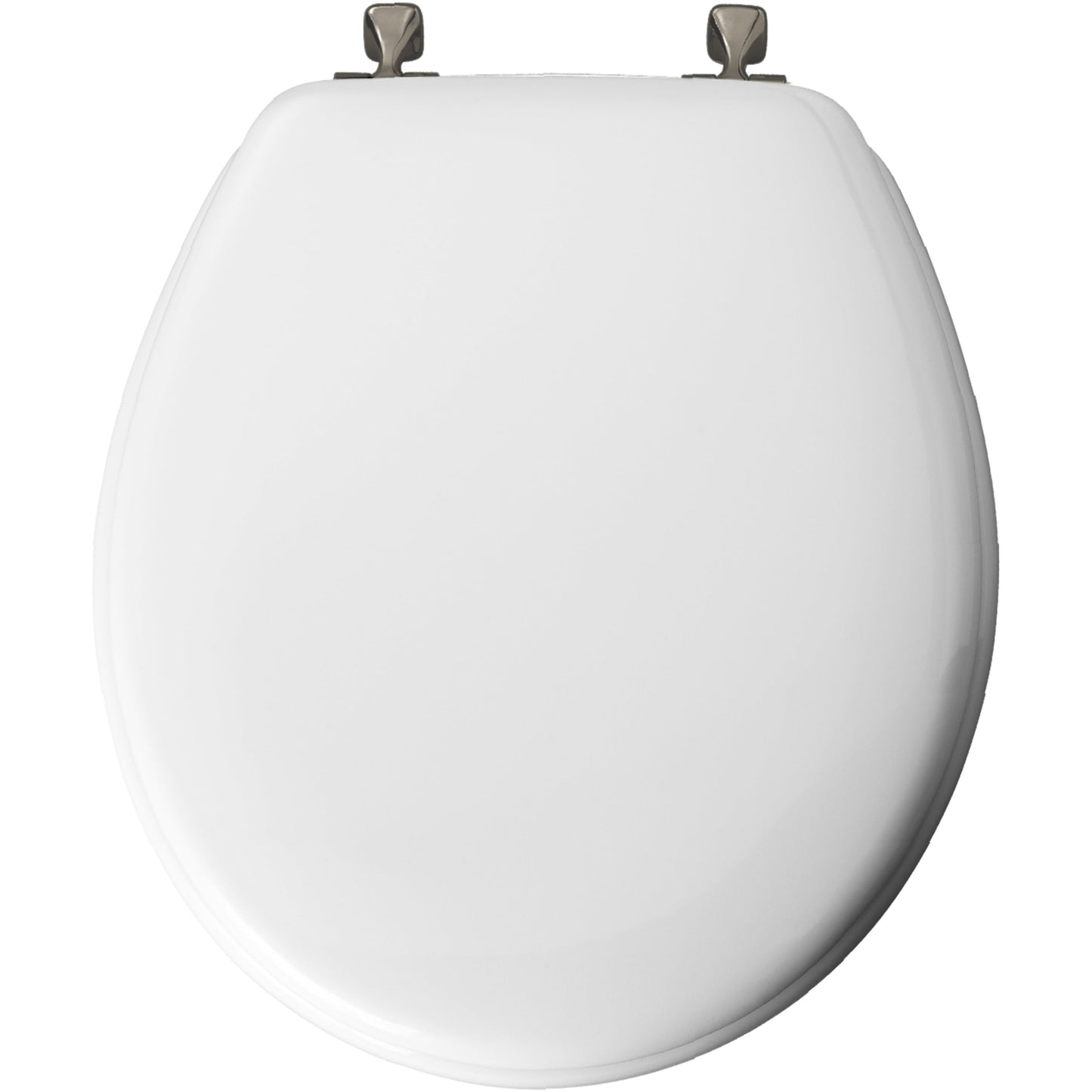 Versatile Mayfair Edgewater Round Enameled Wood Toilet Seat in White Never Looosens Brushed Nickel Metal Hinge