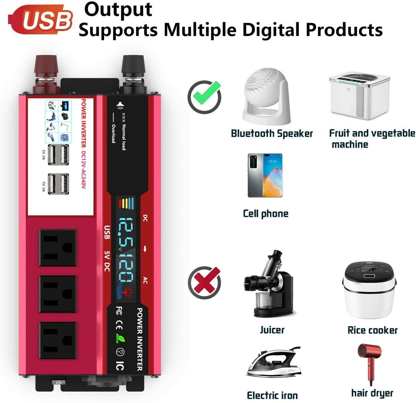 Classic 1000W Power Inverter Car Converter Adapter, 500W DC 12V to AC 110V Pure Sine Wave Solar Converter