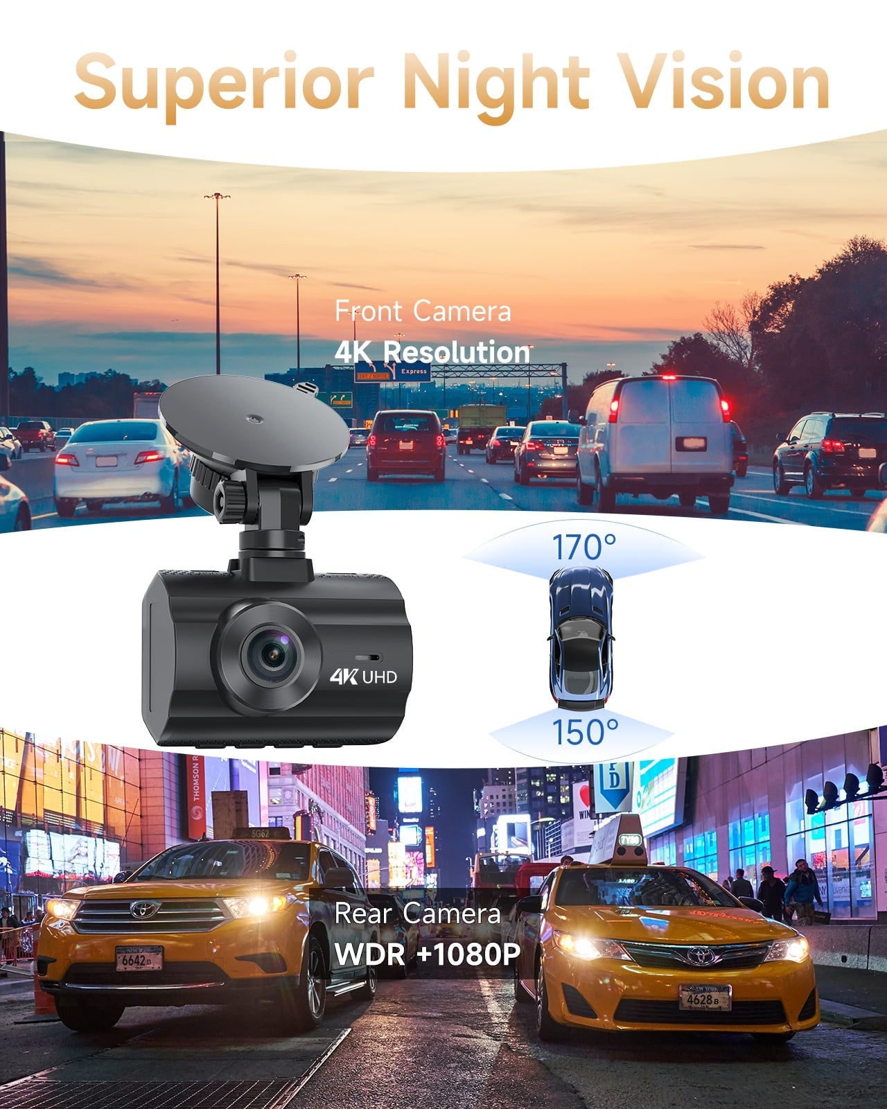 Classic 4K Dash Cam WiFi GPS,4K+1080P Front and Rear, Car Dash Camera, Dashcam with 2" LCD Screen, 170Â° Wide Angle, WDR, Night Vision,Parking Mode, G-Sensor,Black