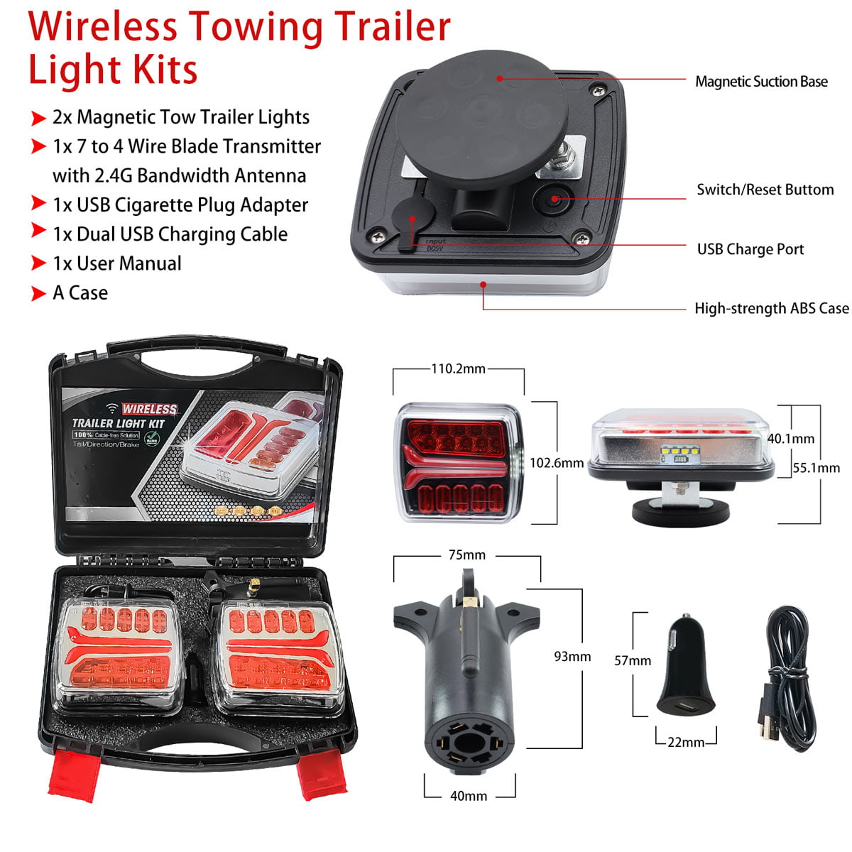 Versatile Wireless Magnetic Tow Light Kit, Rechargeable Battery Tow Trailer Lights Kit for Trailers, Trucks, Campers,and Boats