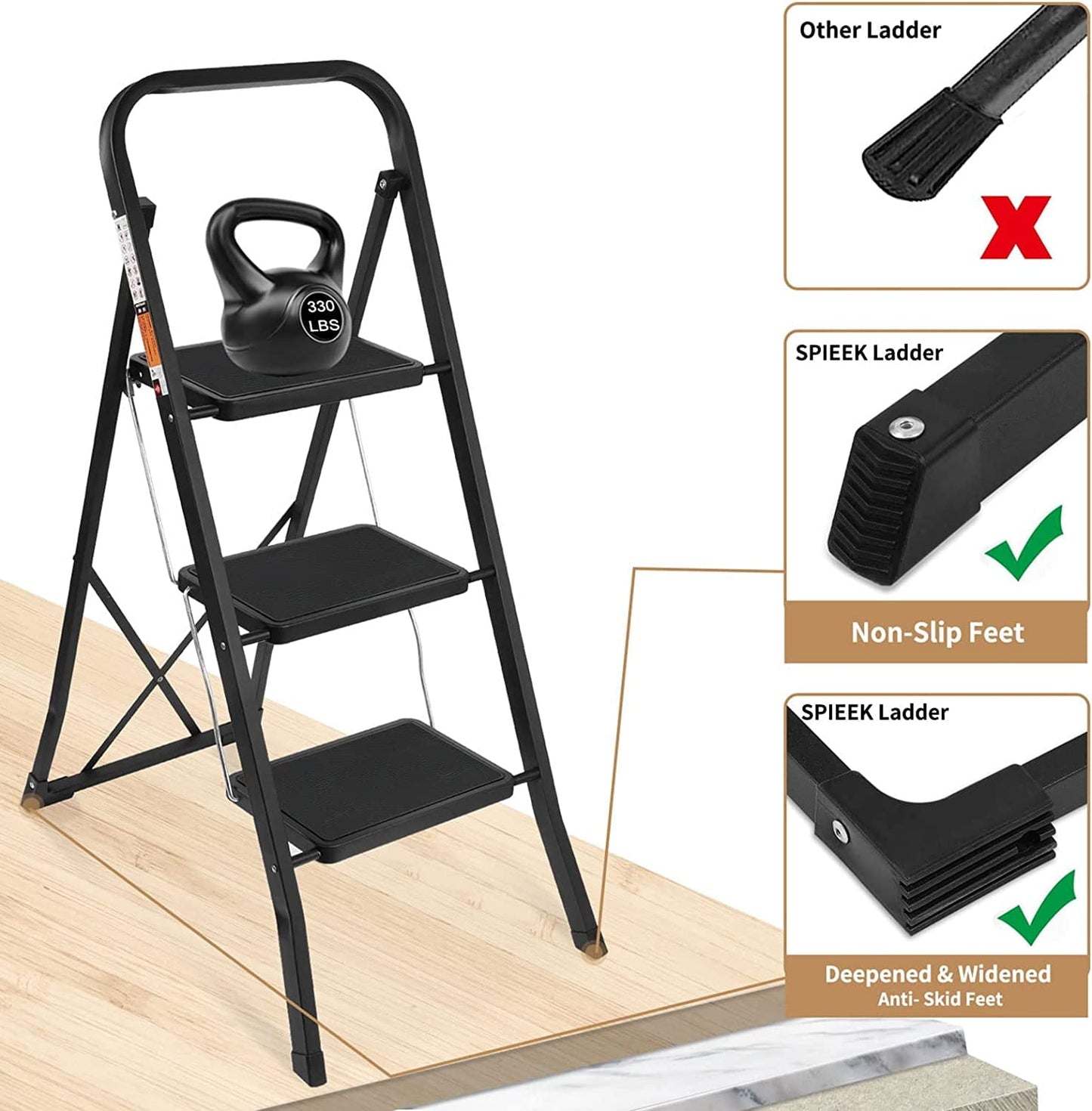 Classic Coolhut 3 Step Ladder, Folding Step Stool with Wide Anti-Slip Pedal, 330lbs Capacity Portable Lightweight Ladders for Home Kitchen Outdoor, Black