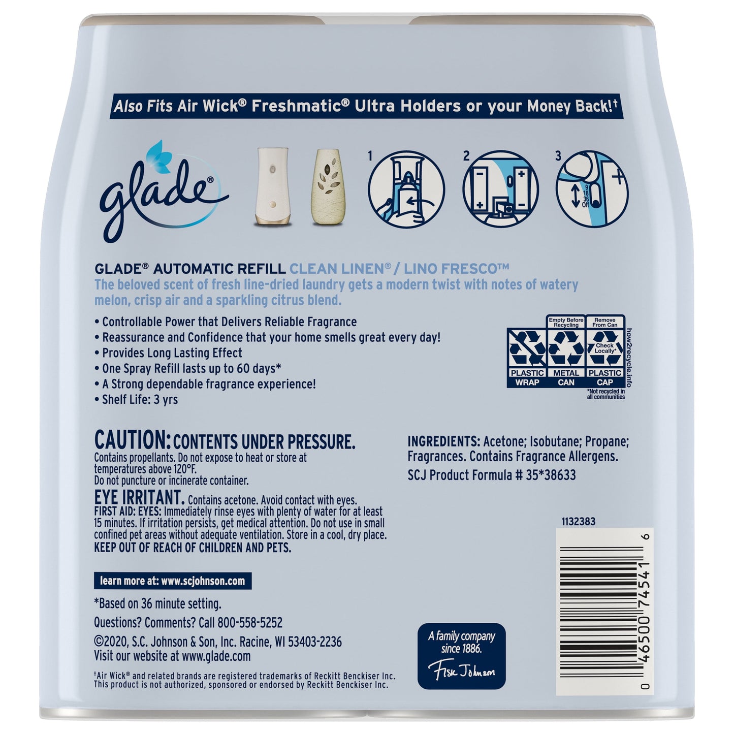 Versatile Glade Automatic Air Freshener Refill Spray Value Pack, Clean Linen, 2 Count