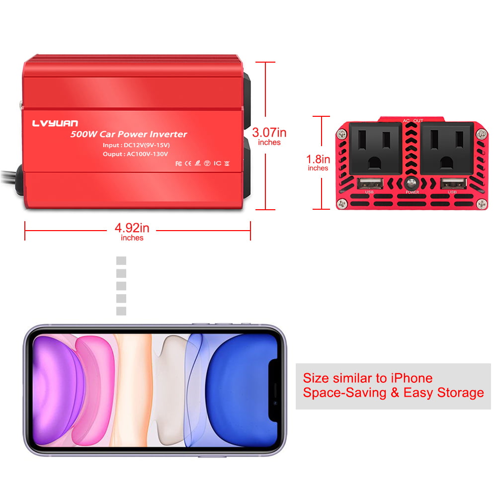 Versatile LVYUAN 500 Watts Power Inverter Converter DC 12V to AC 110V Car Inverter 2USB Car Adapter