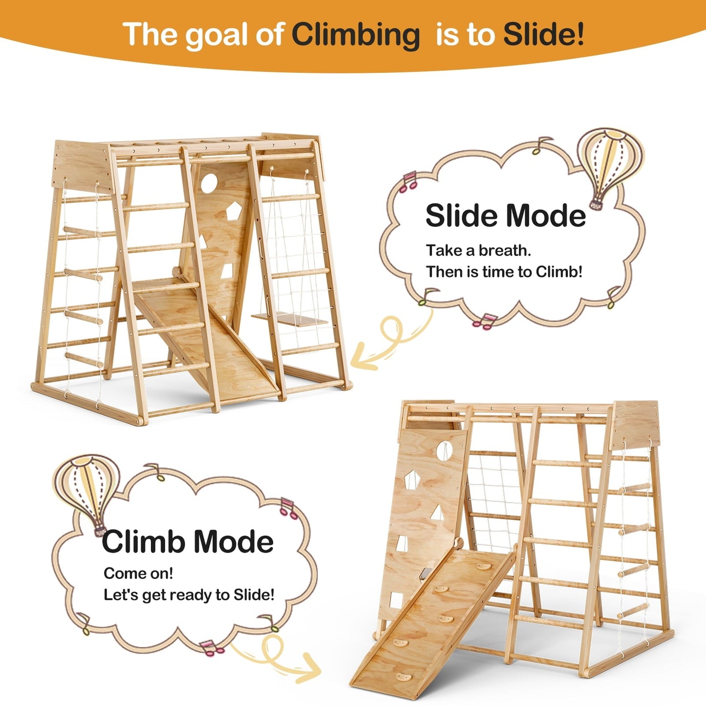 Versatile GIKPAL 8-in-1  Wooden Indoor Kids Playground Jungle Gym with Slide, Toddlers Wooden Climber with Slide Playset, Wooden Rock Climbing Wall with Rope Wall Climb, Monkey Bars, and Swing for Kids