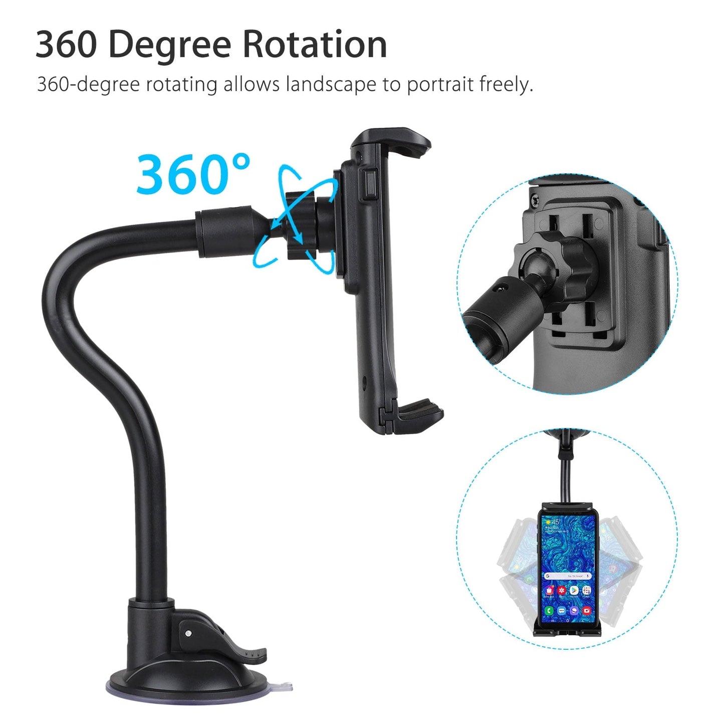 Versatile Tablet Car Mount Holder, TSV Long Arm Suction Cup Mount Stand Cradles for 4-12inch Tablet Cell Phone SUV Truck Vehicle Auto, Windshield Mount Holder, 360degree Rotating Hands-Free Navigation