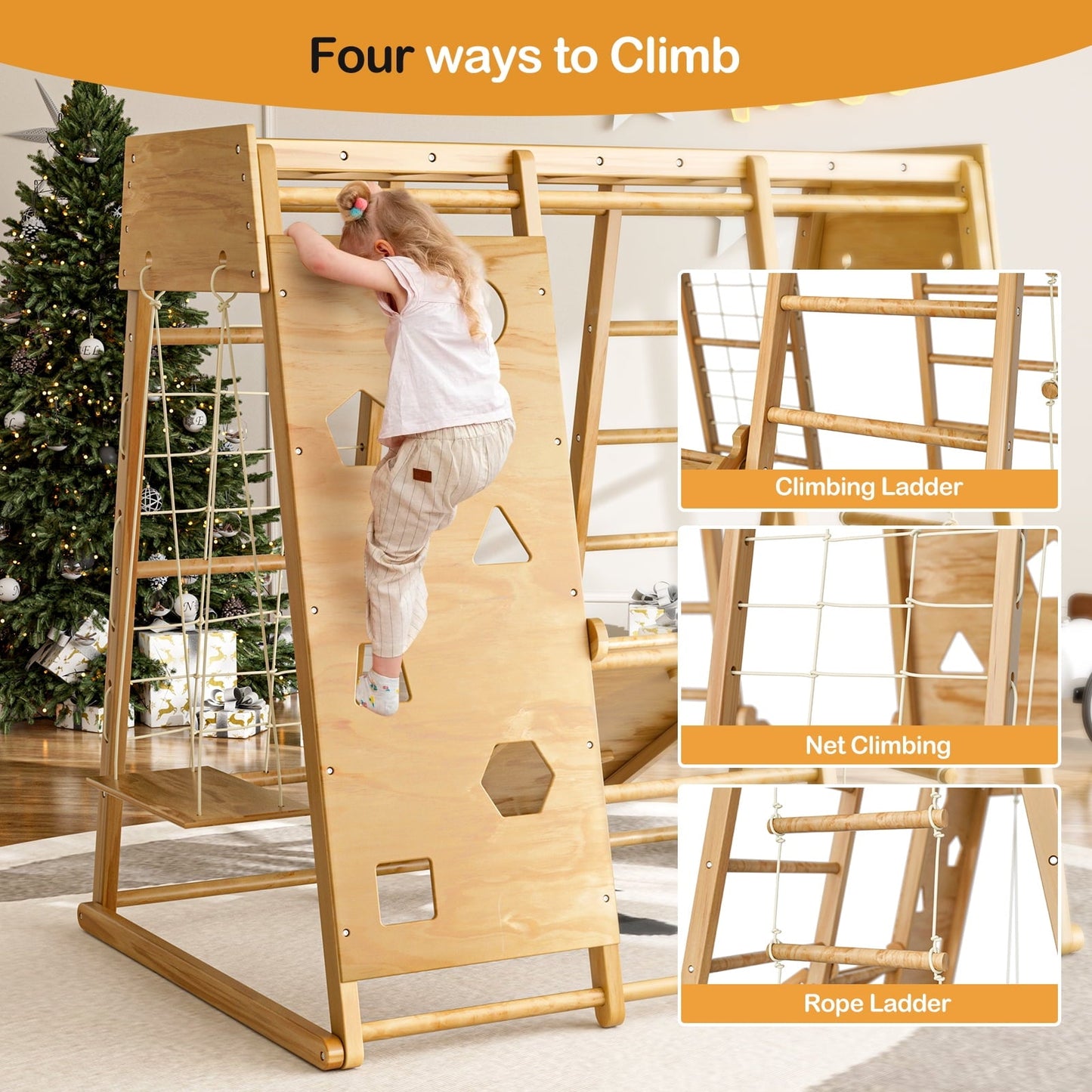 Versatile GIKPAL 8-in-1  Wooden Indoor Kids Playground Jungle Gym with Slide, Toddlers Wooden Climber with Slide Playset, Wooden Rock Climbing Wall with Rope Wall Climb, Monkey Bars, and Swing for Kids