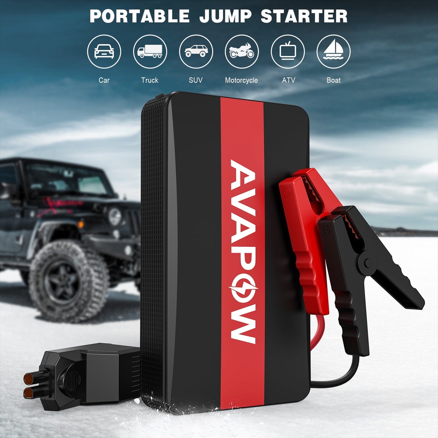 Versatile AVAPOW Car Jump Starter - 1000A Peak 12V Battery Jump Starter (up to 7.0L Gas) Booster Pack - Power Bank with Built-in LED Light