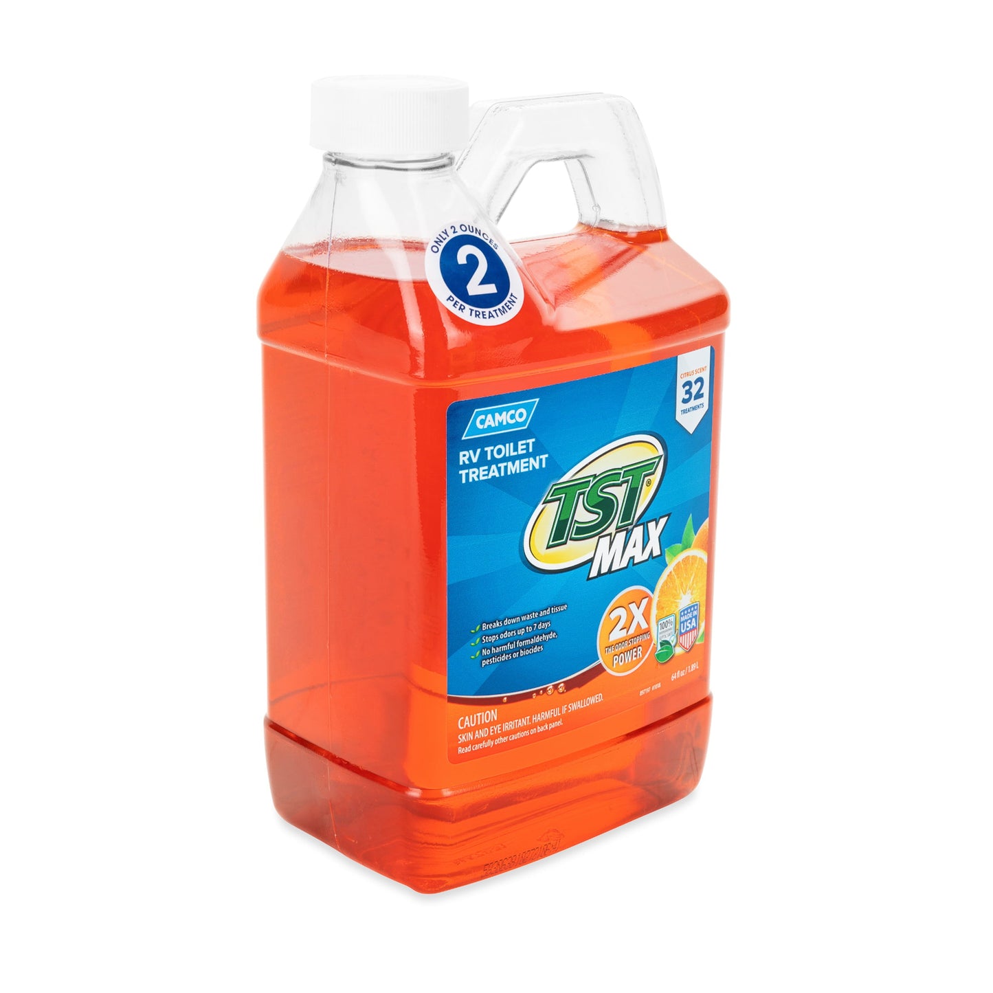 Versatile Camco TST MAX RV Toilet Treatment | Features a Biodegradable Septic Safe Formula and Orange Citrus Scent |  Ideal for Camping, Boating, and More | 64oz. (41195)