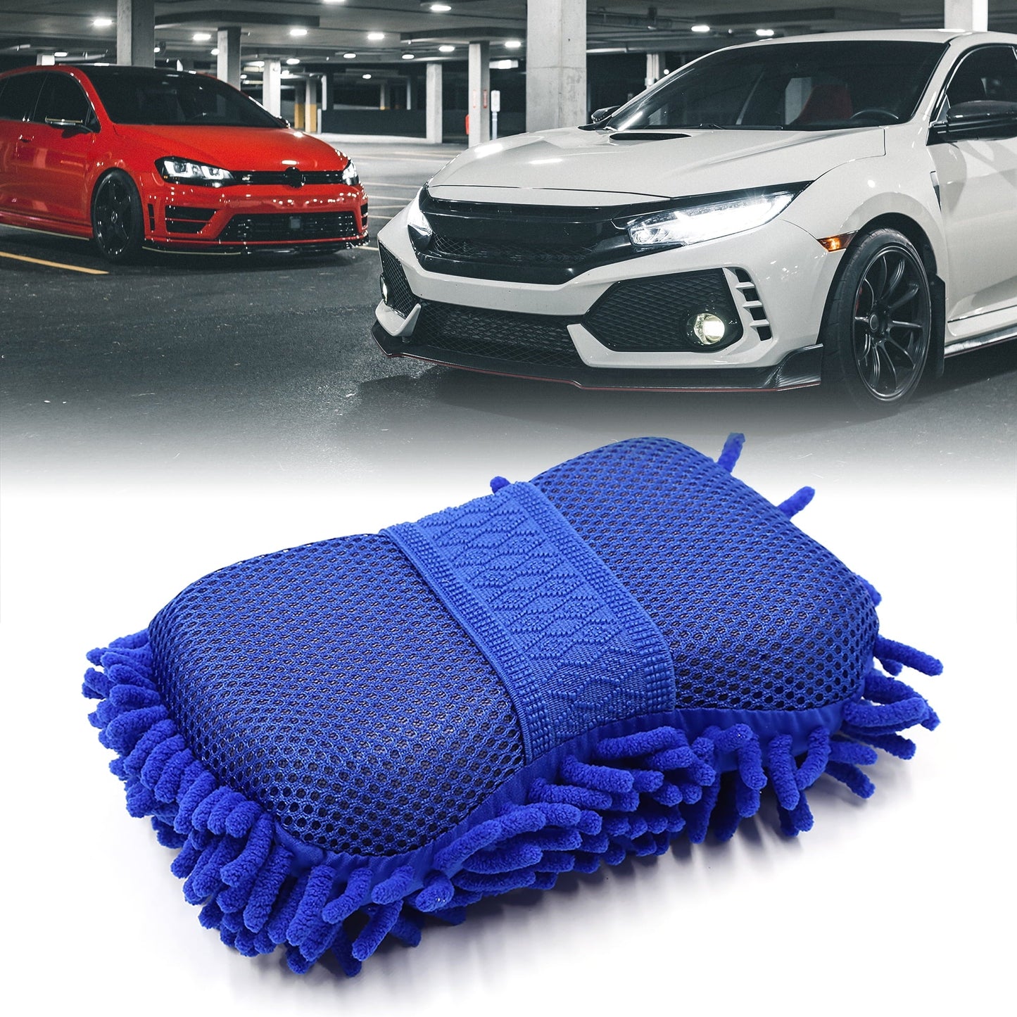 Versatile Durable Practical Microfiber Chenille Car Wash Sponge w Elastic Hand Strap Blue