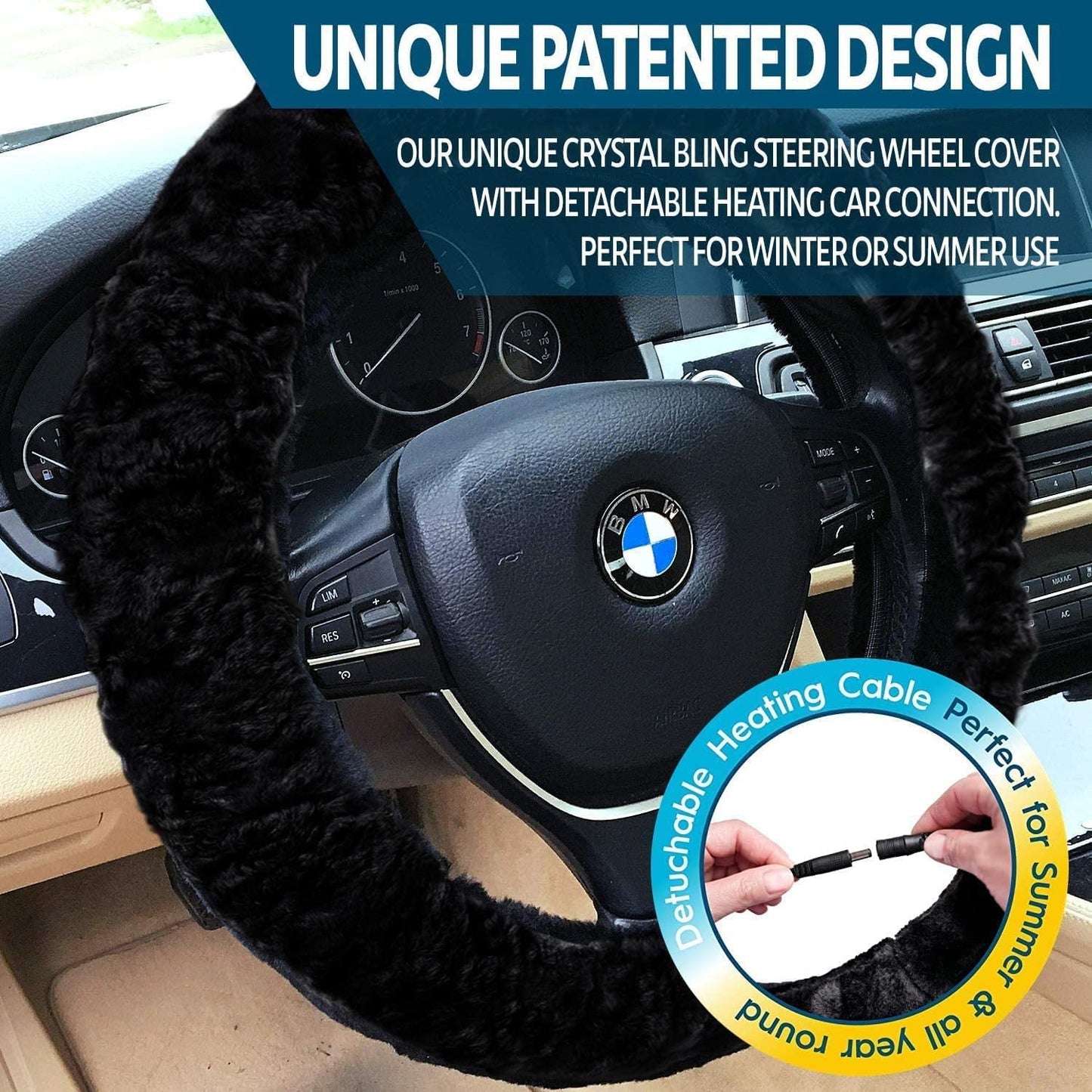 Versatile Zone Tech Classic Car Steering Wheel 12V Plush Heated Cover - Classic Black Upgraded Version Hand Warmer Ultra Comfortable 12V Elegant Design Vehicle Heated Wheel Plush Comfy Protector