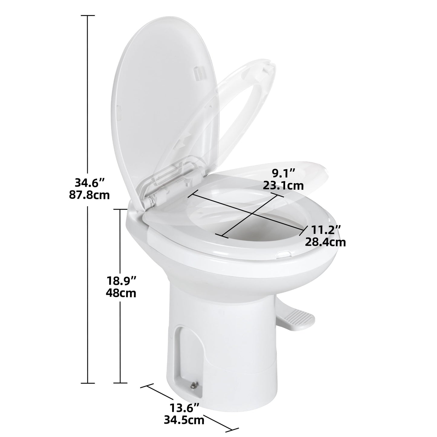 Classic Dextrus Portable RV Toilet with Pedal Flush, Gravity Flush Toilet High Profile for Caravan Travel, Camping, Boating, White