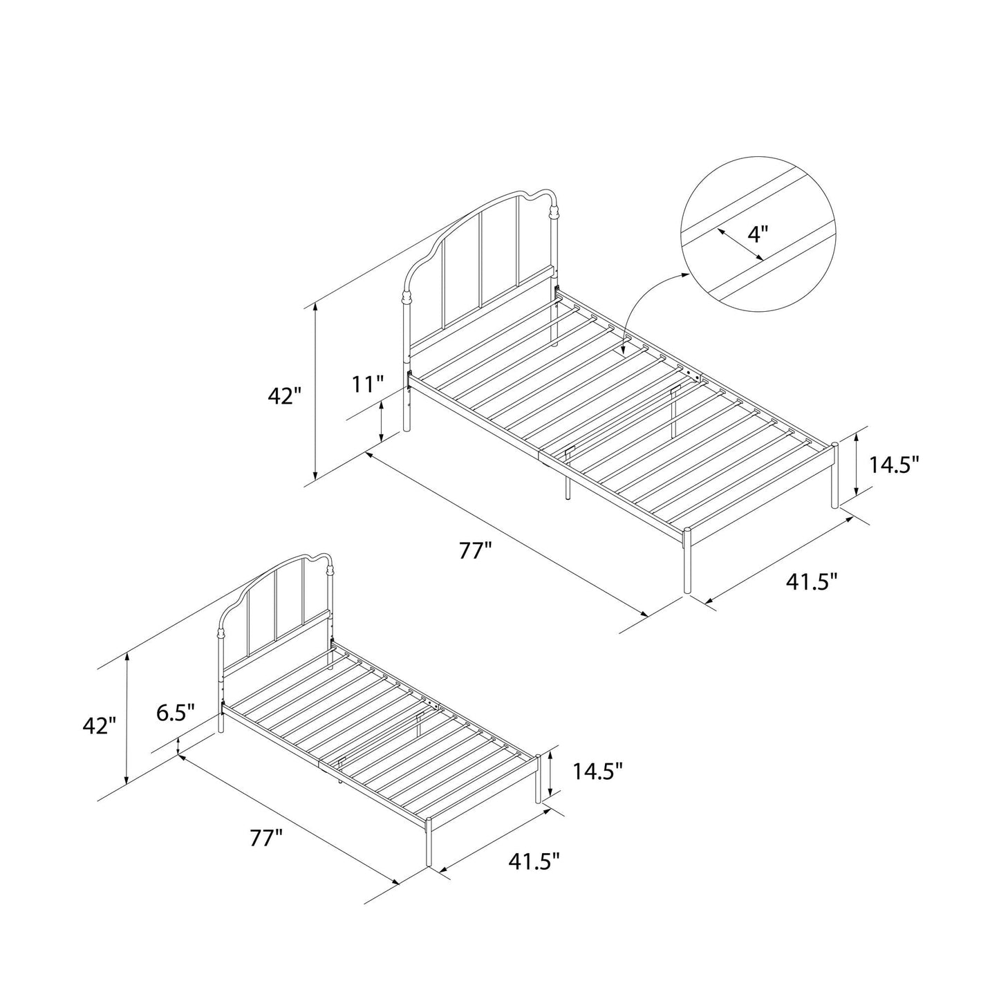 Classic RealRooms Camie Metal Bed, Adjustable Base Height, Twin, White