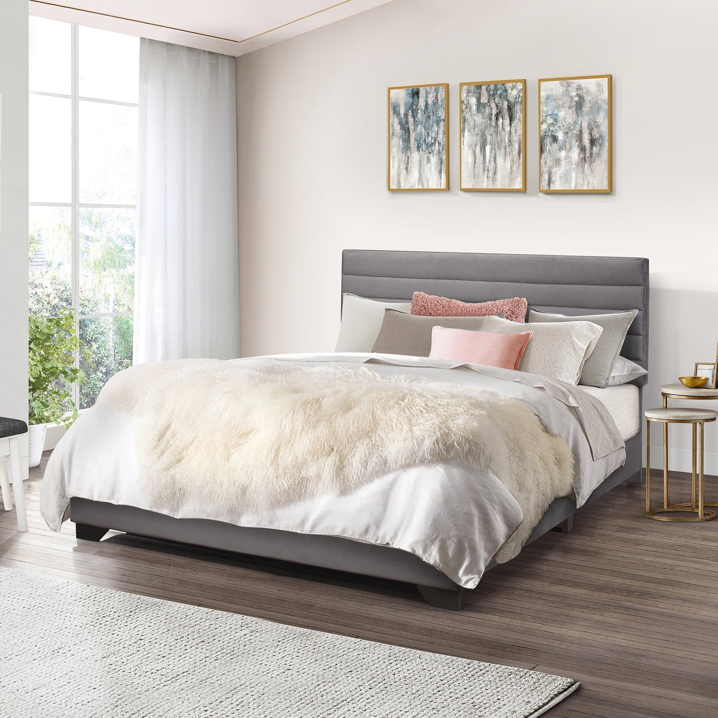 Classic Edie Upholstered Queen Horizonal Tuft Platform Bed, Charcoal