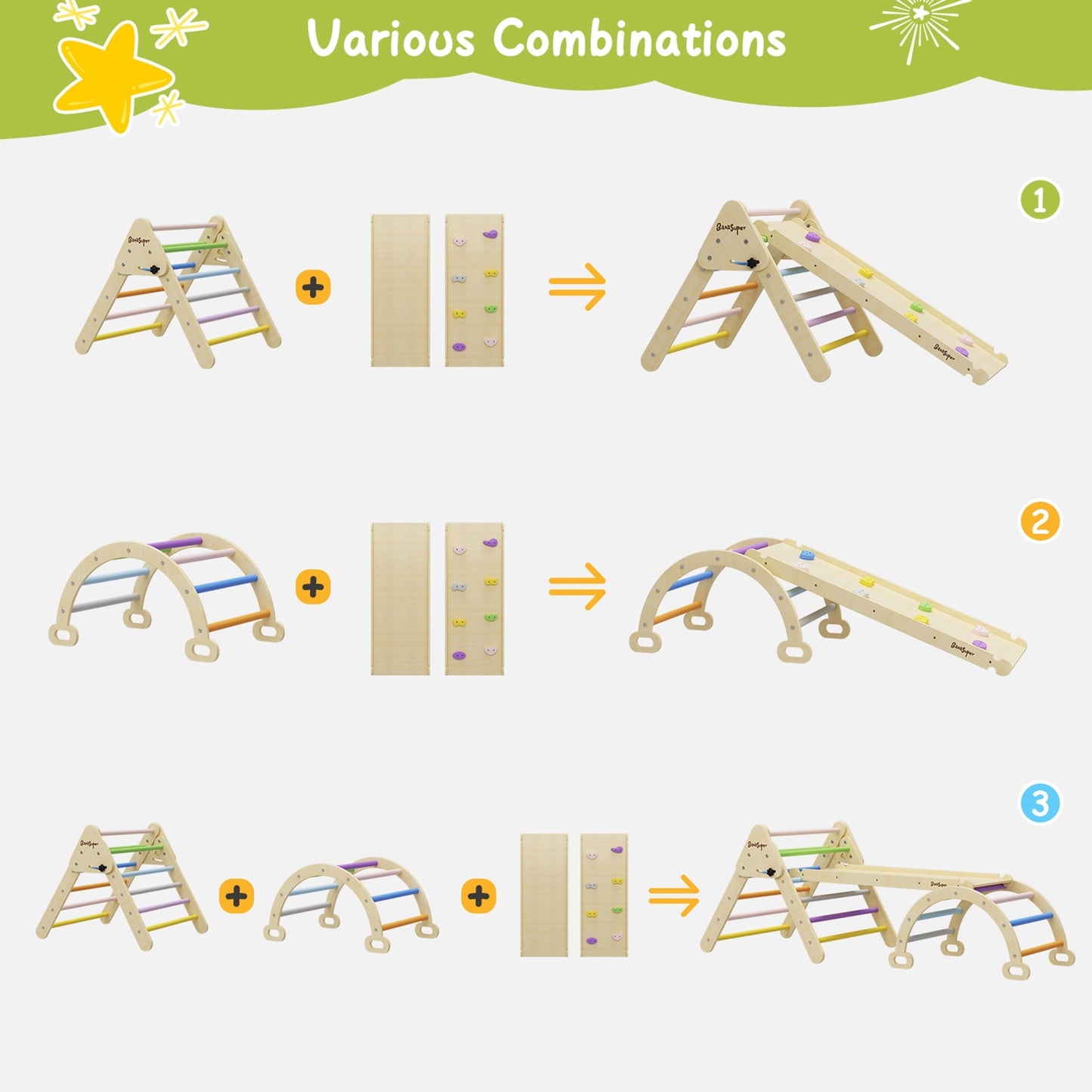 Classic BanaSuper Colorful 3 in 1 Climbing Triangle Ladder with Ramp & Arch Foldable Wooden Triangle Climber Set Montessori Climbing Toys for Kids Ourdoor Indoor Playground Play Gym