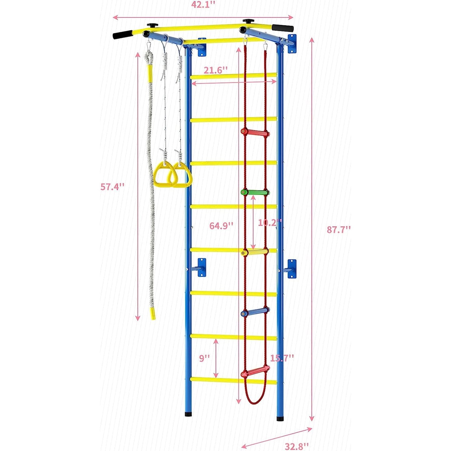 Classic Cuoote 5 in-1 Metal Wall Ladder Stall Bars Set, Indoor Kids Gym for Exercise, Ladder Wall Set with Wall Ladder, Pull-up Bar, Climbing Rope, Gymnastic Rings, Kids Climbing Toys for Boys Girls