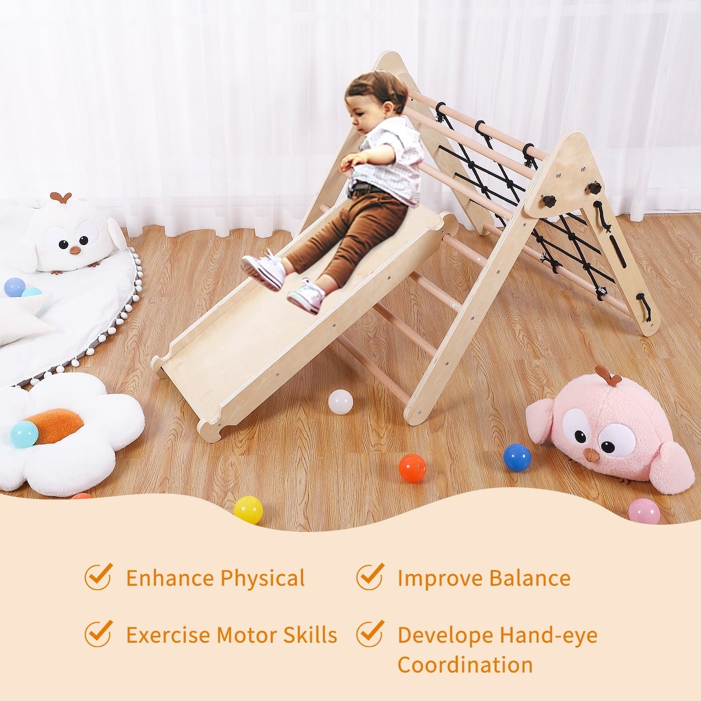 Versatile Garvee 2-in-1 Wooden Climbing Toys, Foldable Triangle Ladder Toy, with Ramp, Slide or Climb, Indoor Gym Playground Playset for Toddlers