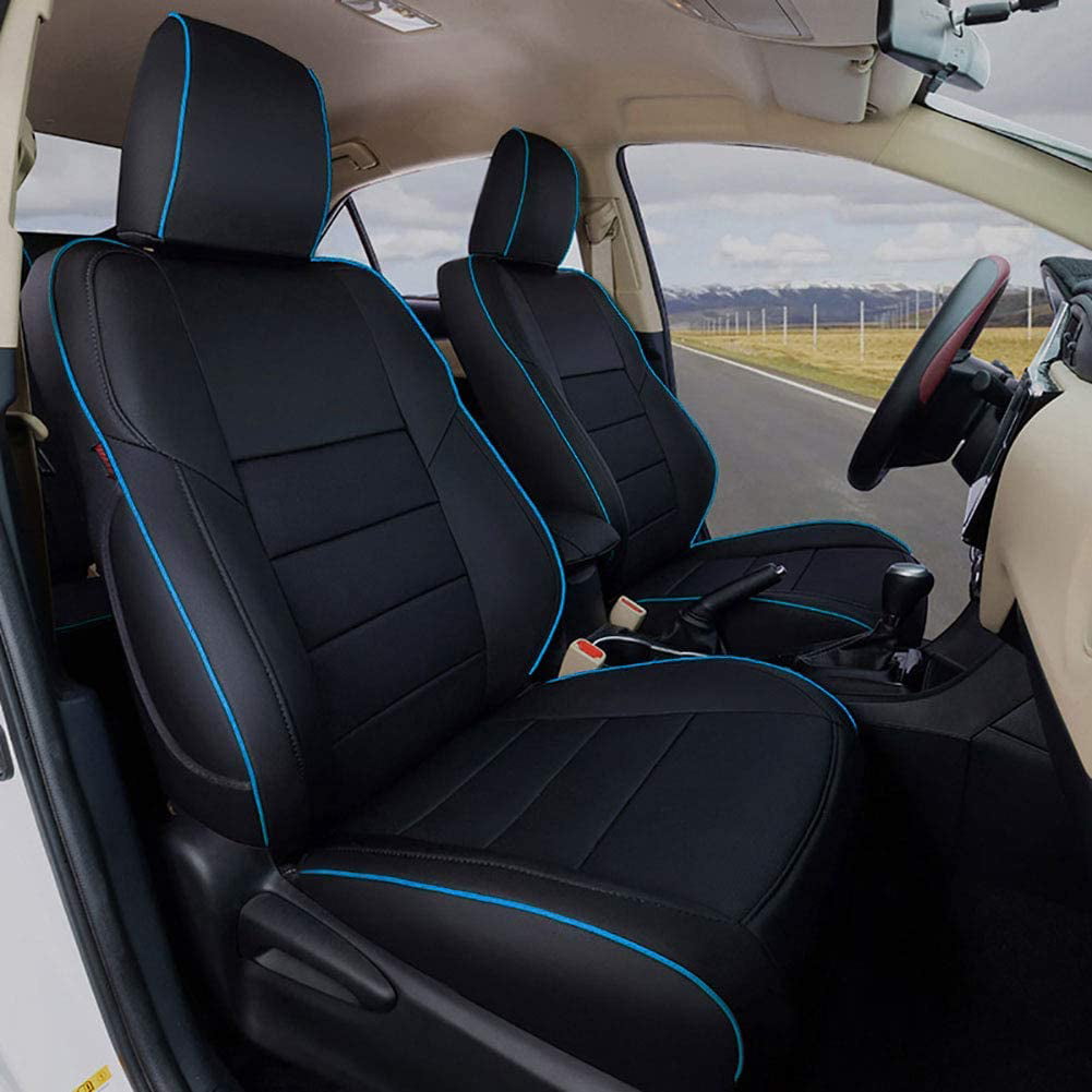 Versatile EKR Custom Fit Corolla Car Seat Covers for 2014-2019 Toyota Corolla L LE LE Eco XLE Sedan - Full Set Leather(Black with Blue Trim)