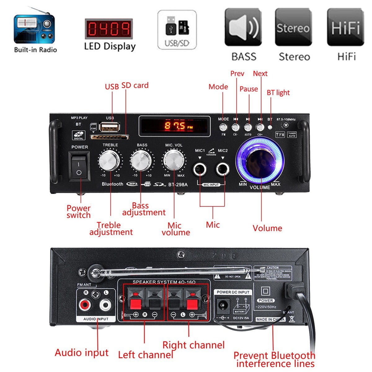 Classic 600W 4-16Ohm Amplifier with bluetooth LCD Digital Display Stereo Audio HiFi Amp MP3/USB/SD Car / Home / Theater